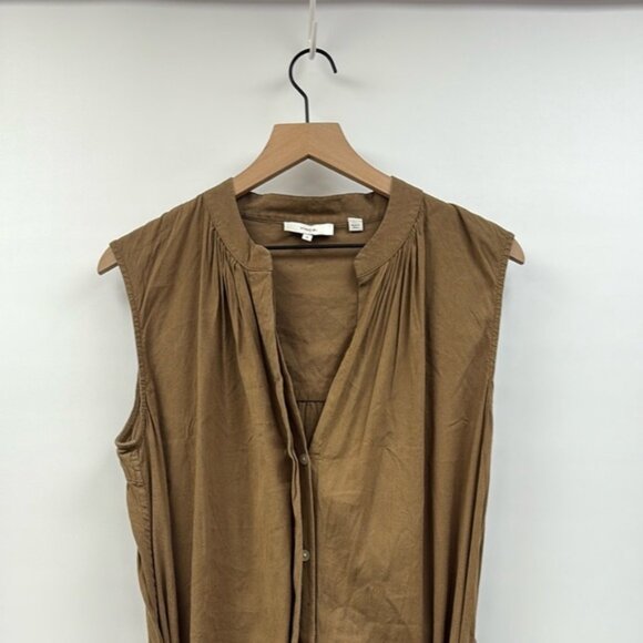 Vince Linen Blend Shirred Sleeveless A-Line Midi Dress Minimalist Brown Medium - Picture 3 of 9